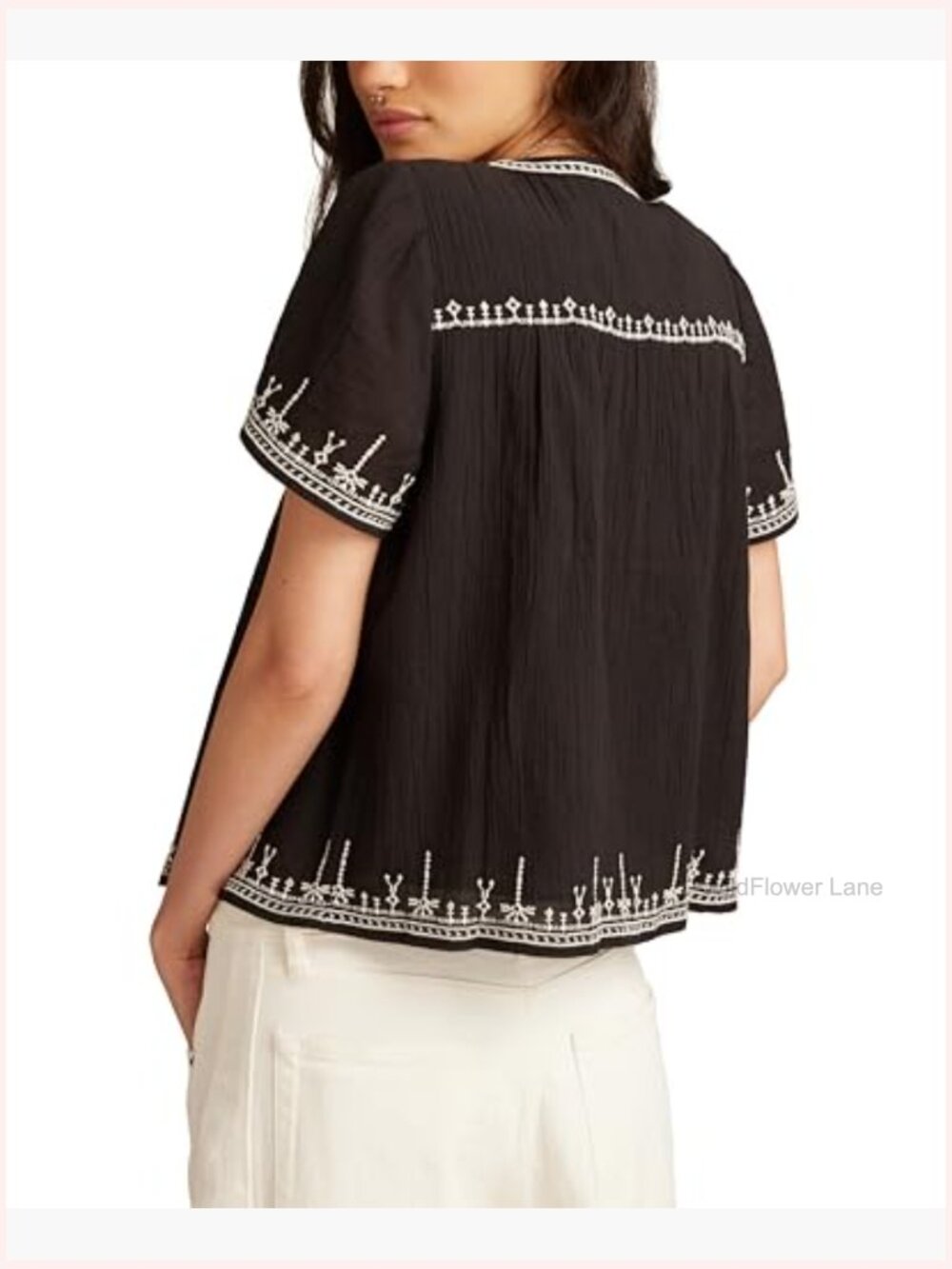 Embroidered Button Front Blouse, Cap Sleeve Blouse, Regular Fit, Machine - Picture 3 of 4